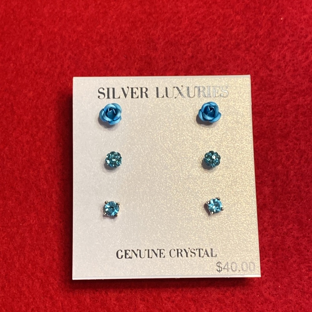 Blue Crystal Silver Tone Pierced Earrings - Picture 2 of 10
